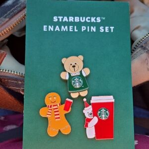 Starbucks Festive Bear and Gingerbread Pin Trio